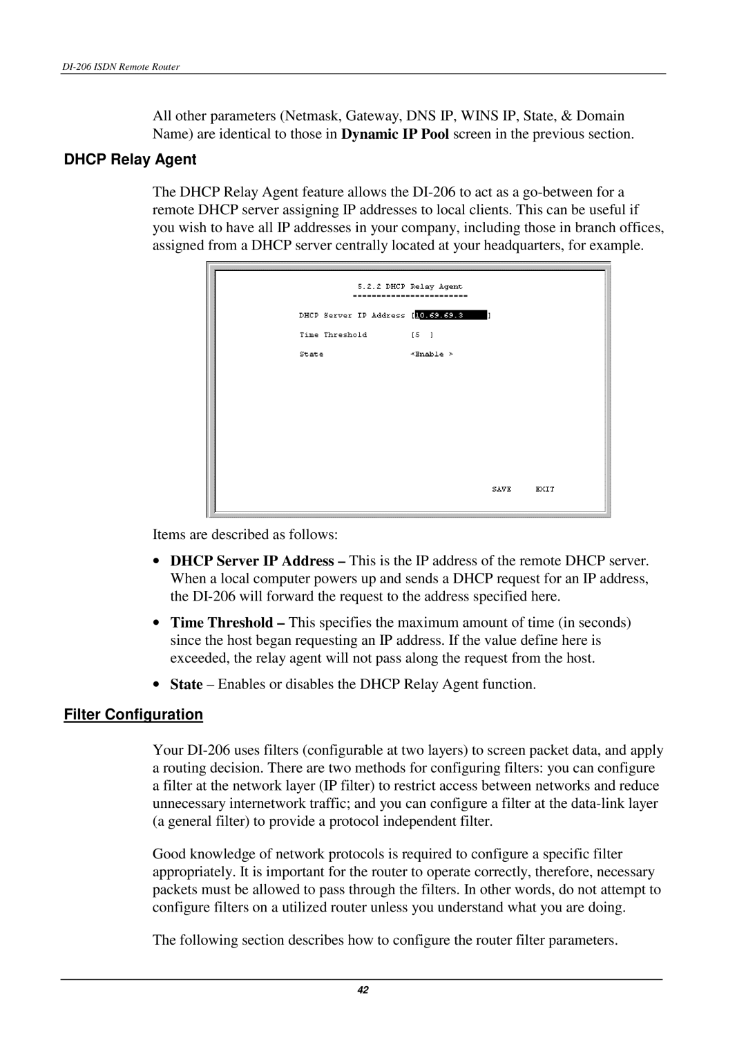 D-Link DI-206 manual Dhcp Relay Agent, Filter Configuration 