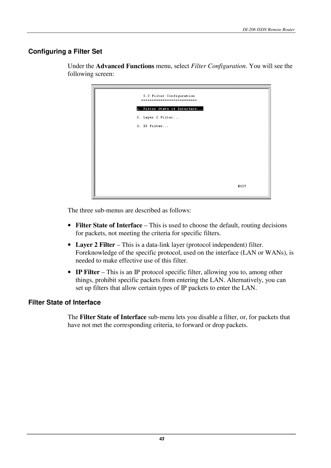 D-Link DI-206 manual Configuring a Filter Set, Filter State of Interface 