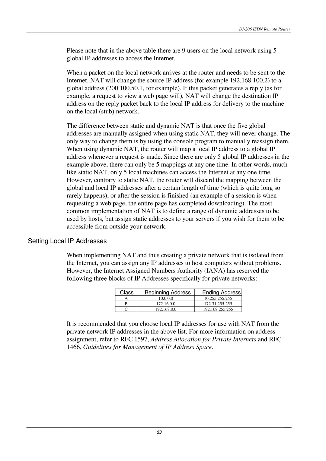 D-Link DI-206 manual Setting Local IP Addresses 