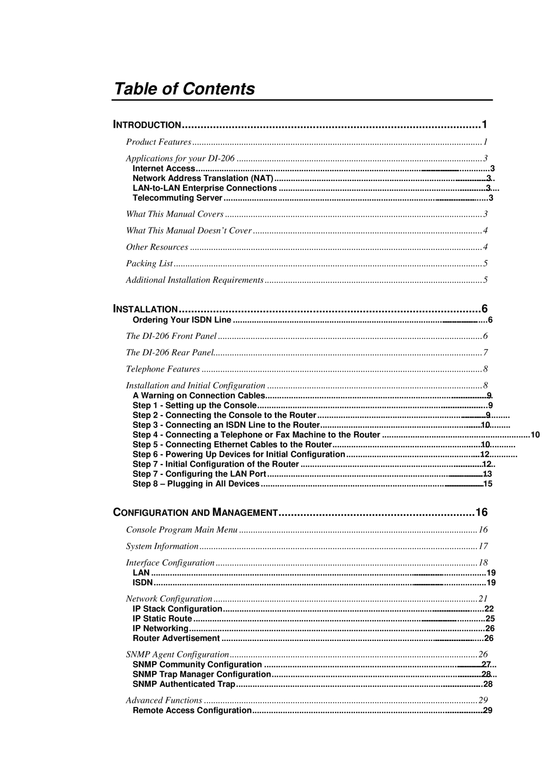 D-Link DI-206 manual Table of Contents 