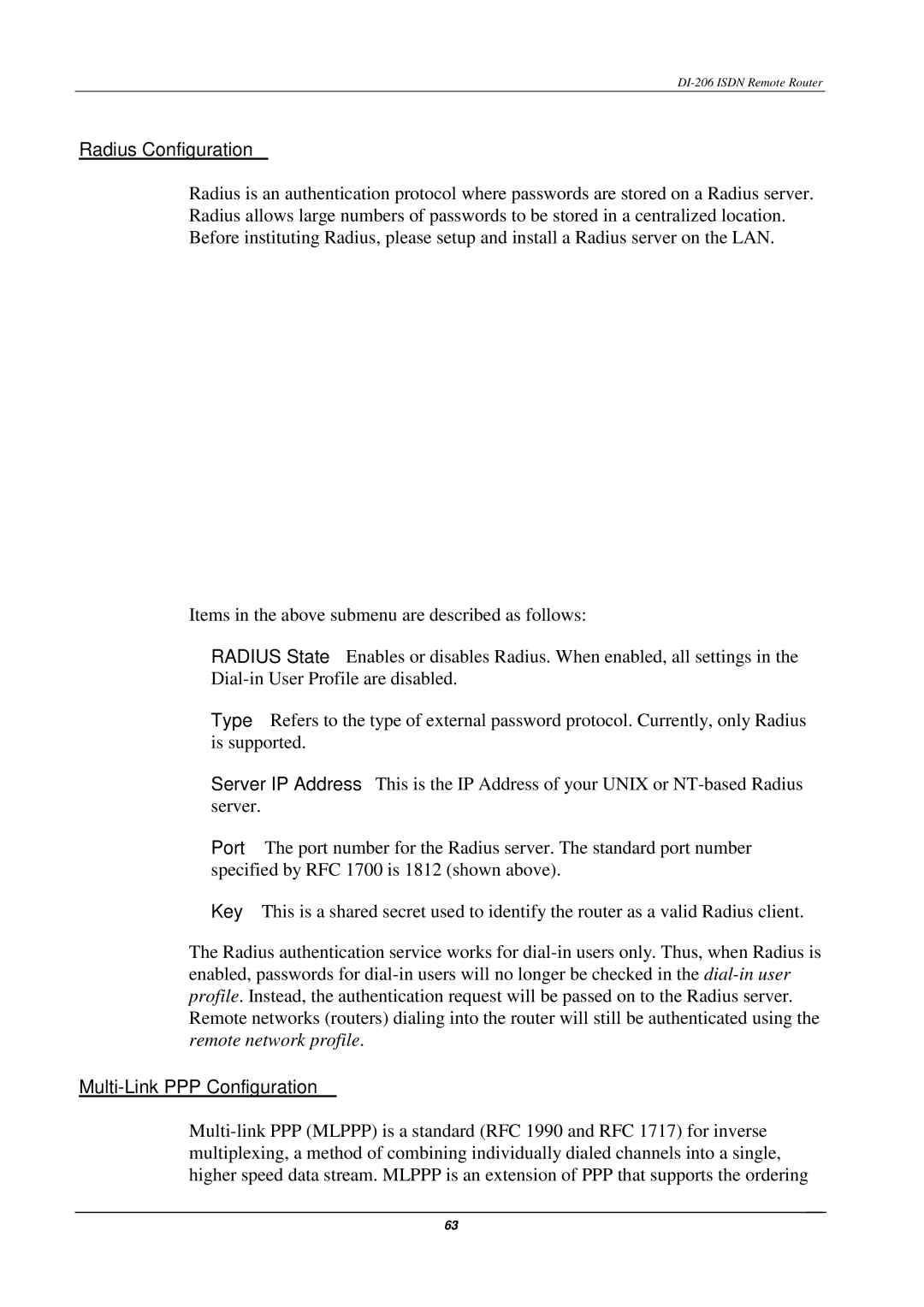 D-Link DI-206 manual Radius Configuration, Multi-Link PPP Configuration 