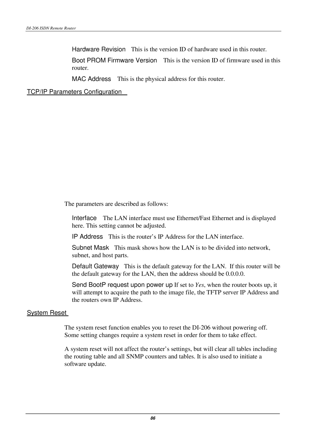 D-Link DI-206 manual TCP/IP Parameters Configuration, System Reset 