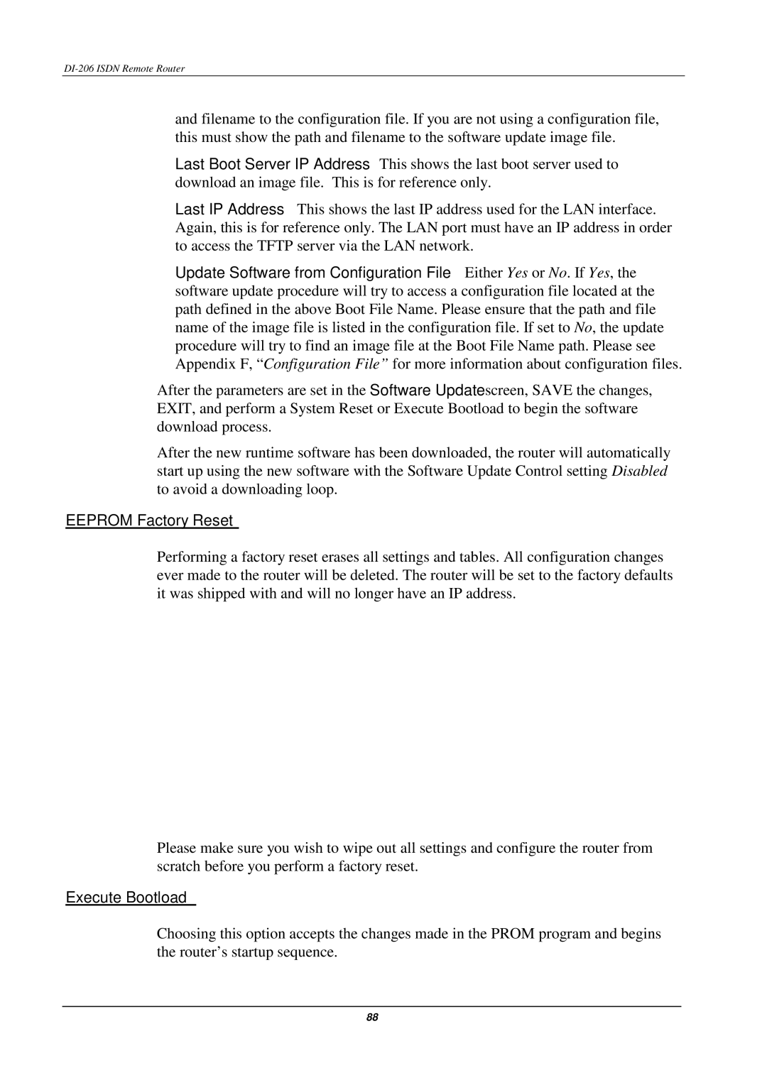 D-Link DI-206 manual Eeprom Factory Reset, Execute Bootload 