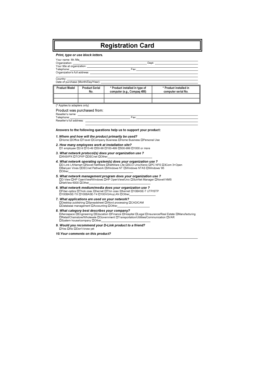 D-Link DI-304M manual Registration Card 