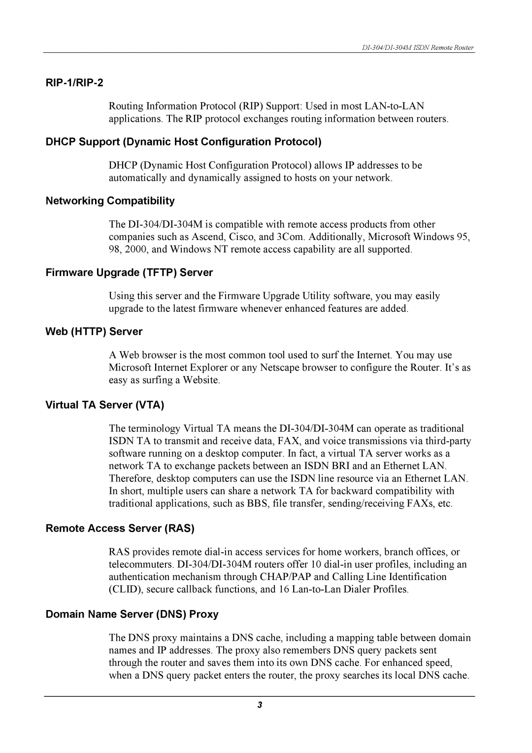 D-Link DI-304 Dhcp Support Dynamic Host Configuration Protocol, Networking Compatibility, Firmware Upgrade Tftp Server 