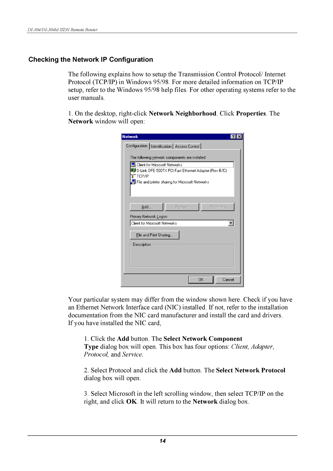 D-Link DI-304M manual Checking the Network IP Configuration, Click the Add button. The Select Network Component 