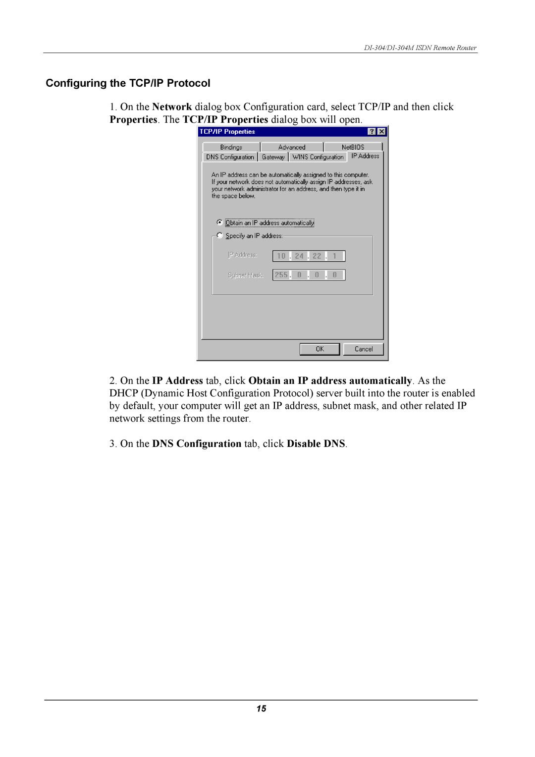 D-Link DI-304M manual Configuring the TCP/IP Protocol 