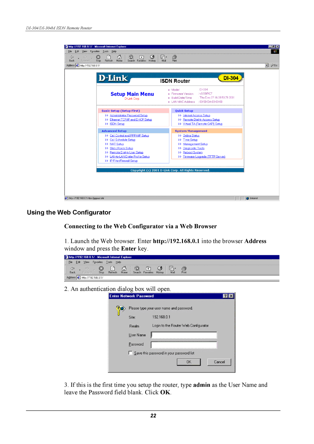 D-Link DI-304M manual Using the Web Configurator, Connecting to the Web Configurator via a Web Browser 