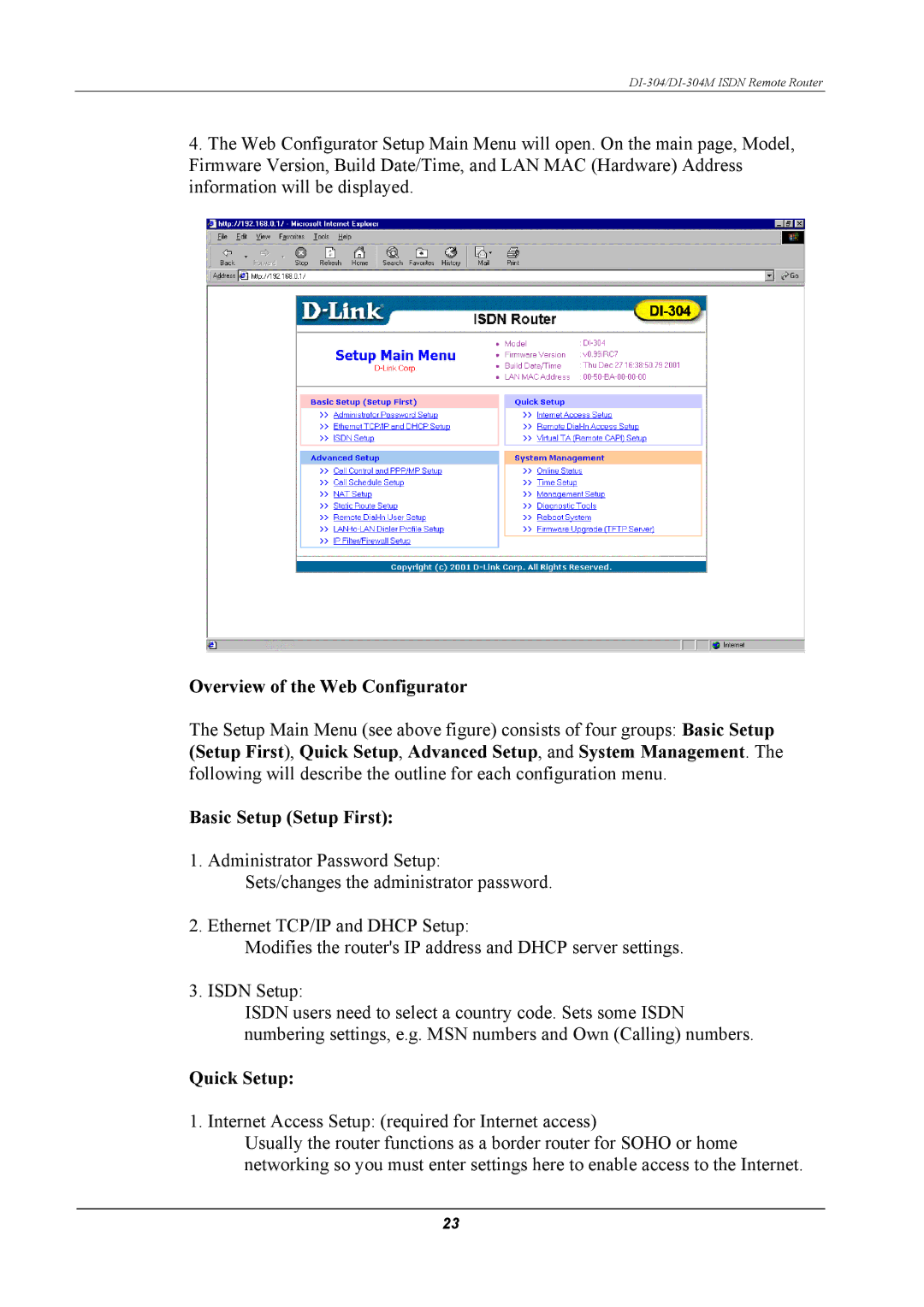 D-Link DI-304M manual Overview of the Web Configurator, Basic Setup Setup First, Quick Setup 