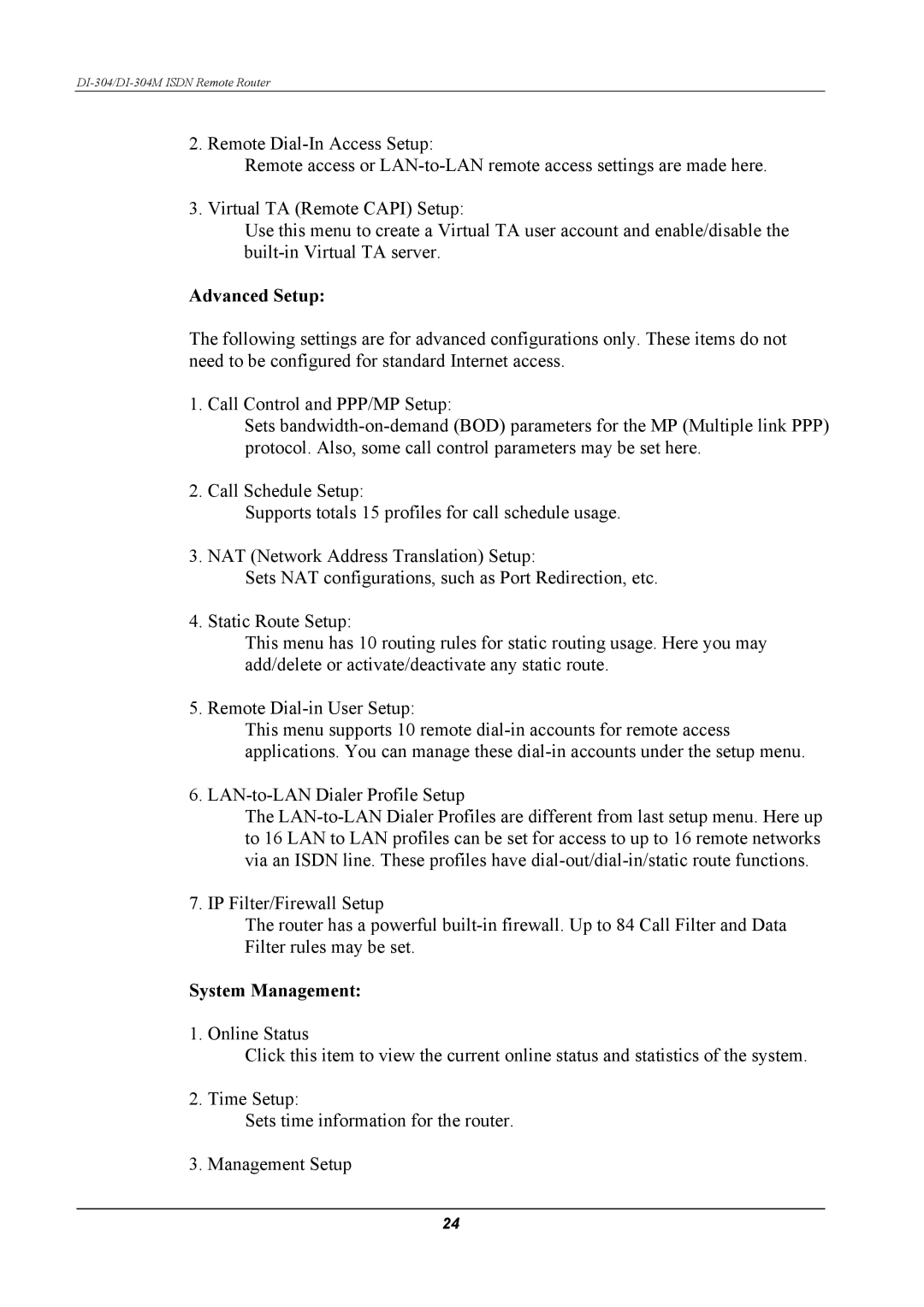 D-Link DI-304M manual Advanced Setup, System Management 