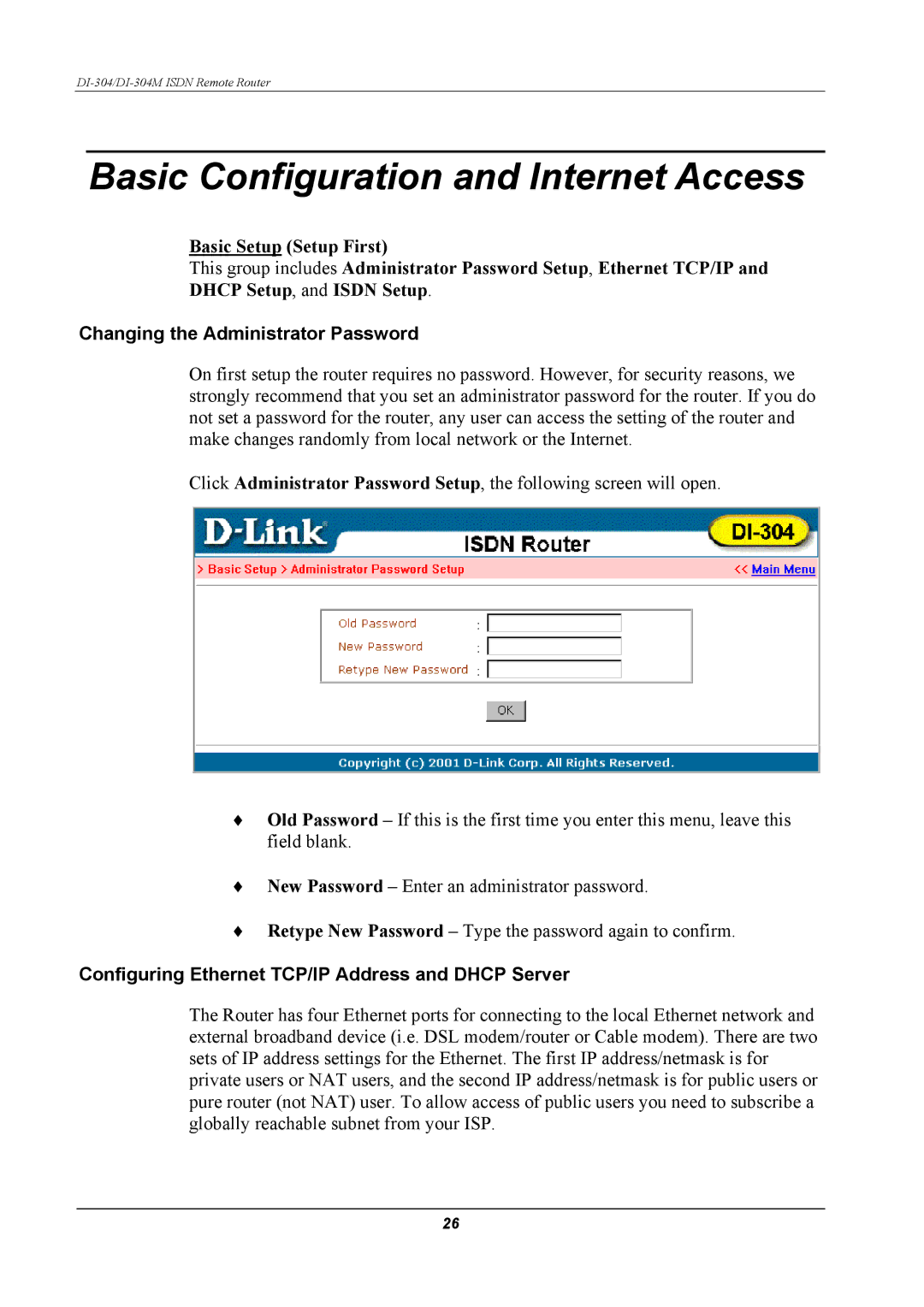 D-Link DI-304M manual Basic Configuration and Internet Access, Changing the Administrator Password 