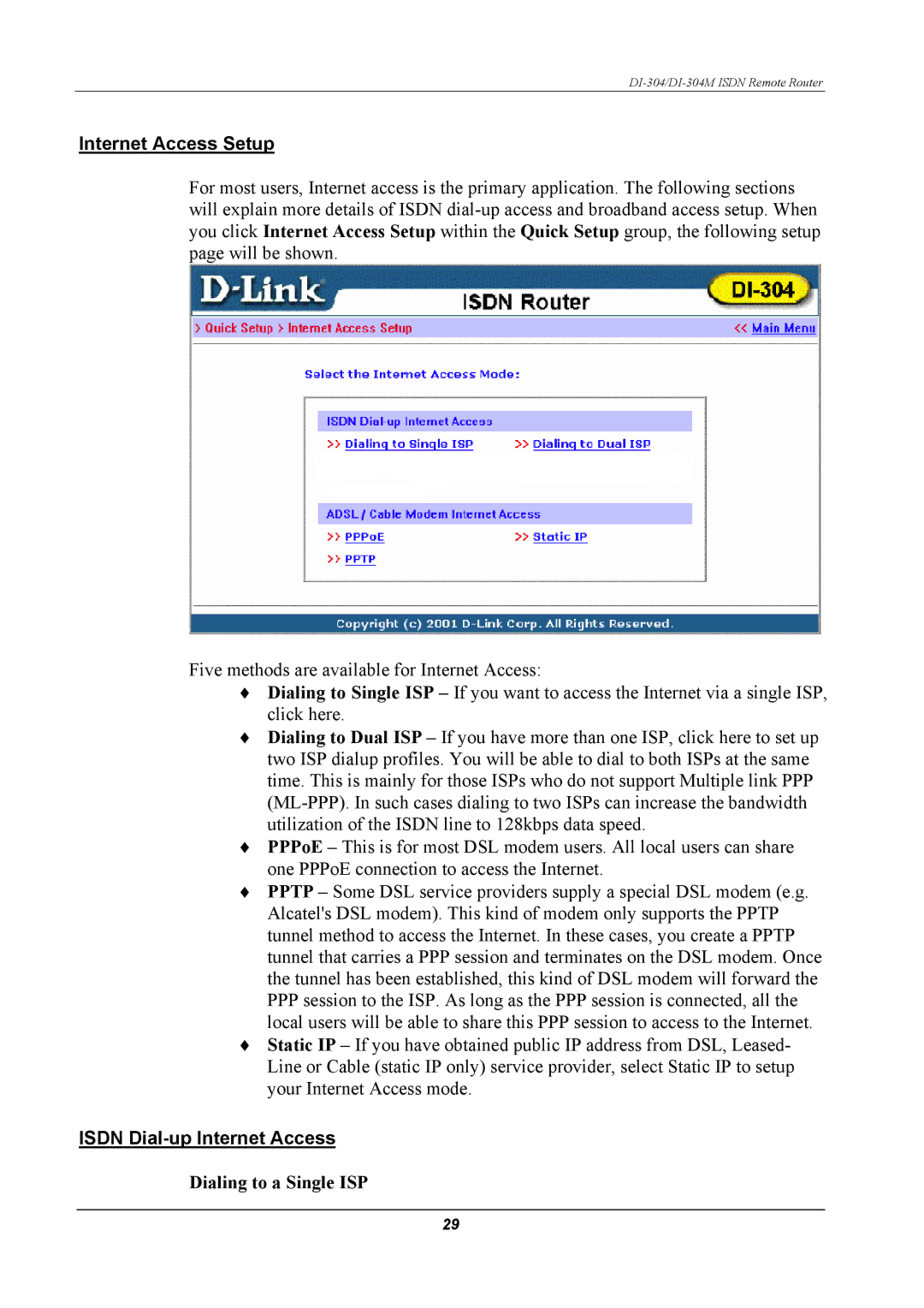 D-Link DI-304M manual Internet Access Setup, Isdn Dial-up Internet Access, Dialing to a Single ISP 