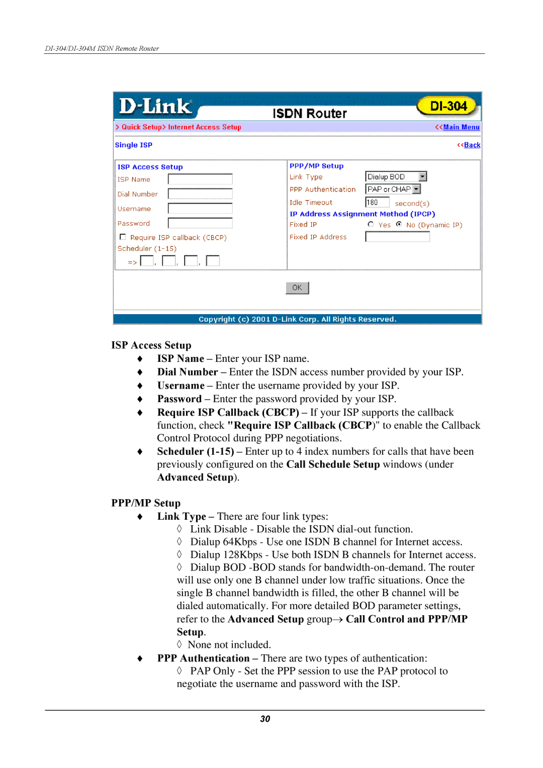 D-Link DI-304M manual ISP Access Setup, PPP/MP Setup 