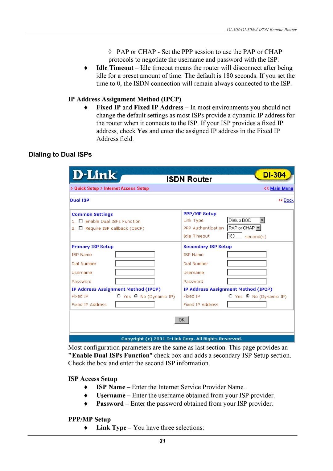 D-Link DI-304M manual IP Address Assignment Method Ipcp, Dialing to Dual ISPs 