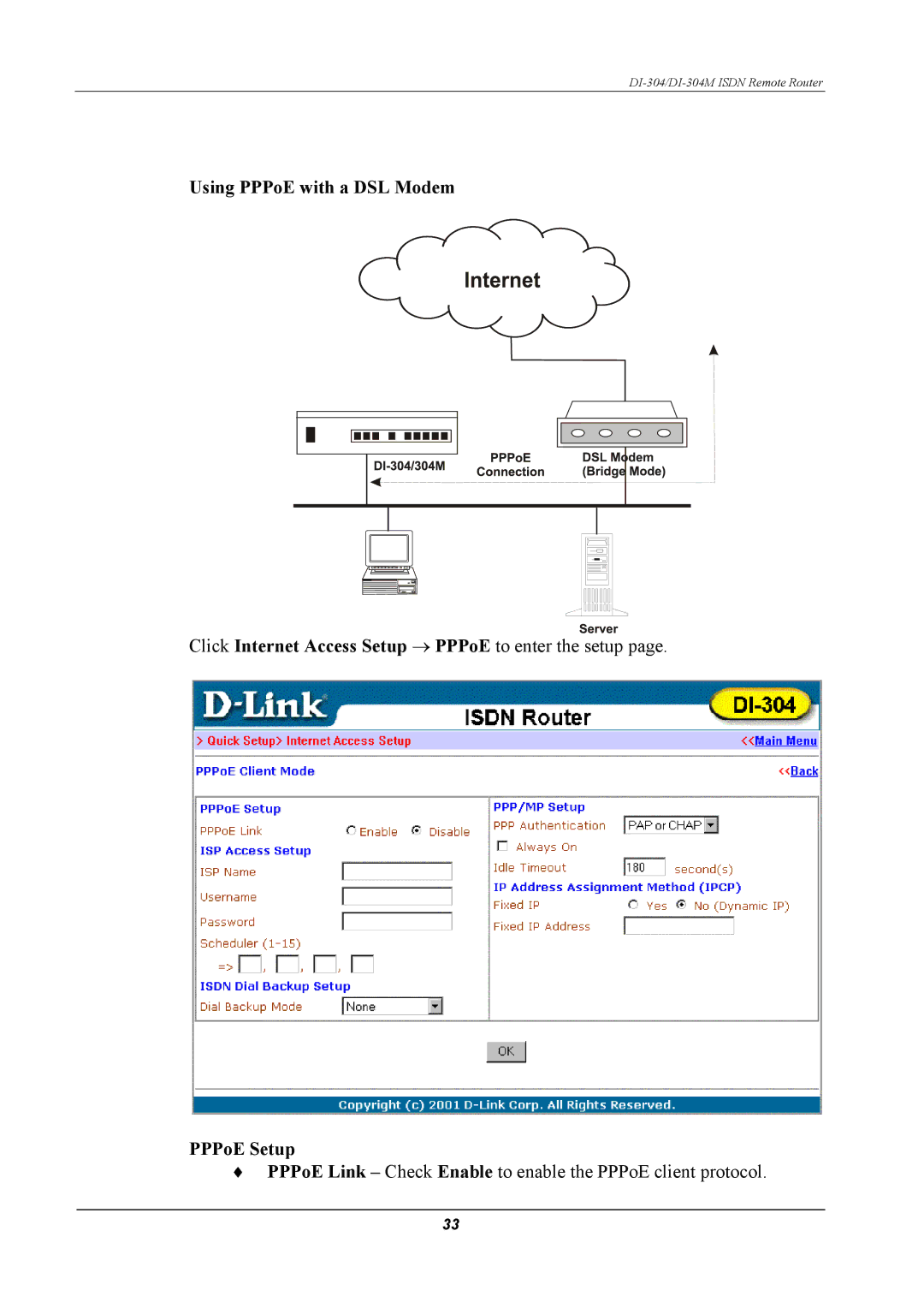 D-Link DI-304M manual Using PPPoE with a DSL Modem, PPPoE Setup 