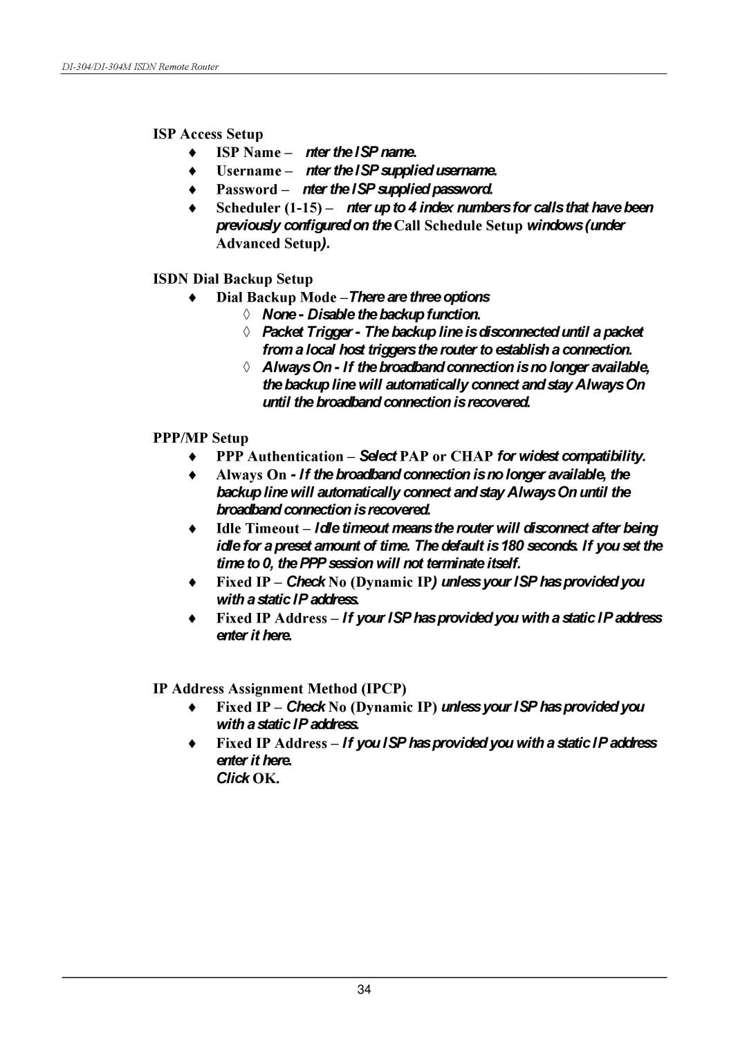 D-Link DI-304M manual ISP Access Setup, Isdn Dial Backup Setup 