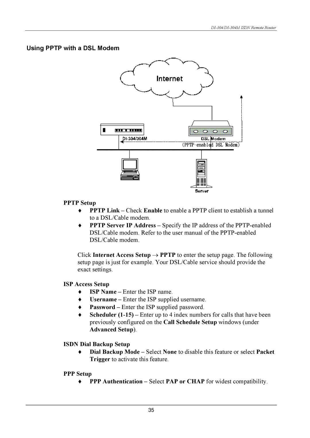 D-Link DI-304M manual Using Pptp with a DSL Modem, Pptp Setup 