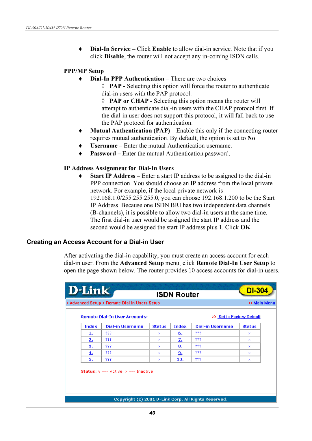 D-Link DI-304M manual IP Address Assignment for Dial-In Users, Creating an Access Account for a Dial-in User 