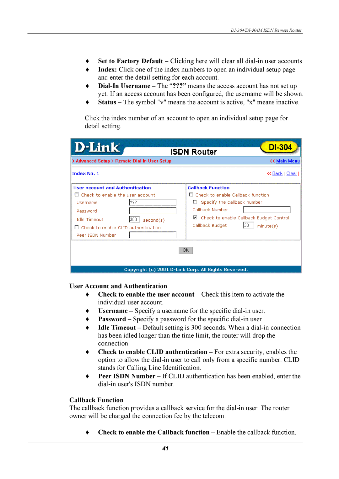 D-Link DI-304M manual Callback Function 