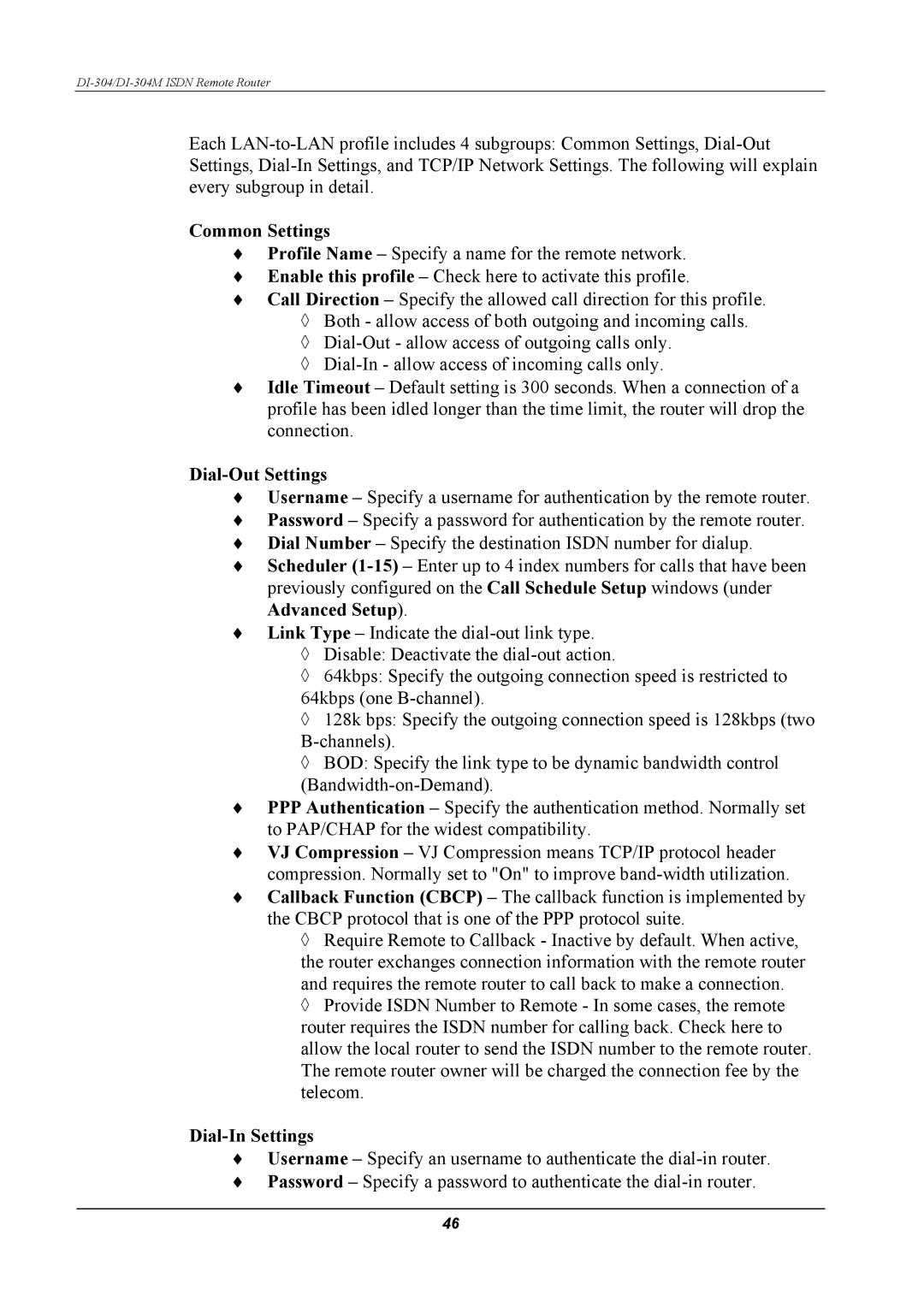 D-Link DI-304M manual Common Settings, Dial-Out Settings, Dial-In Settings 