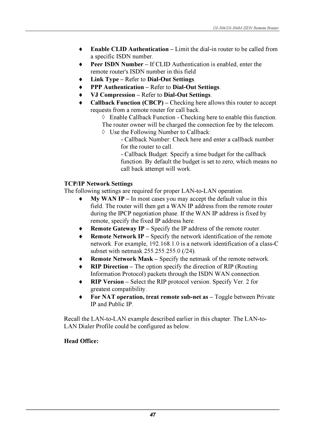 D-Link DI-304M manual TCP/IP Network Settings, Head Office 