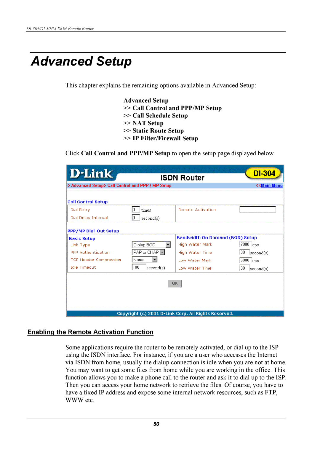 D-Link DI-304M manual Advanced Setup, Enabling the Remote Activation Function 