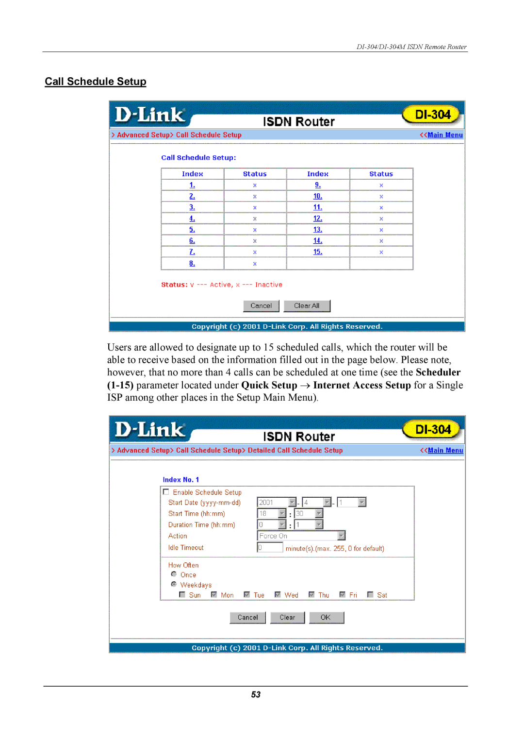 D-Link DI-304M manual Call Schedule Setup 