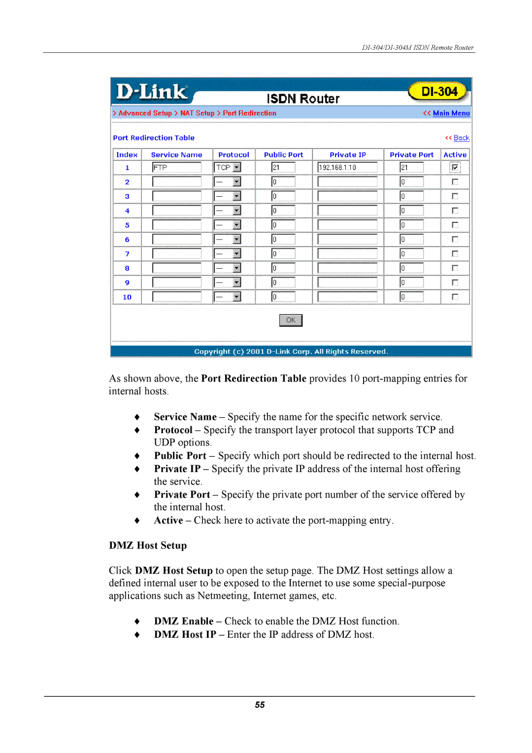 D-Link DI-304M manual DMZ Host Setup 