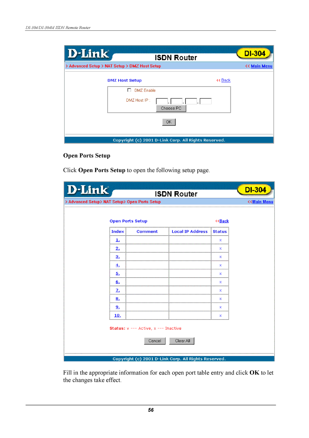 D-Link DI-304M manual Open Ports Setup 