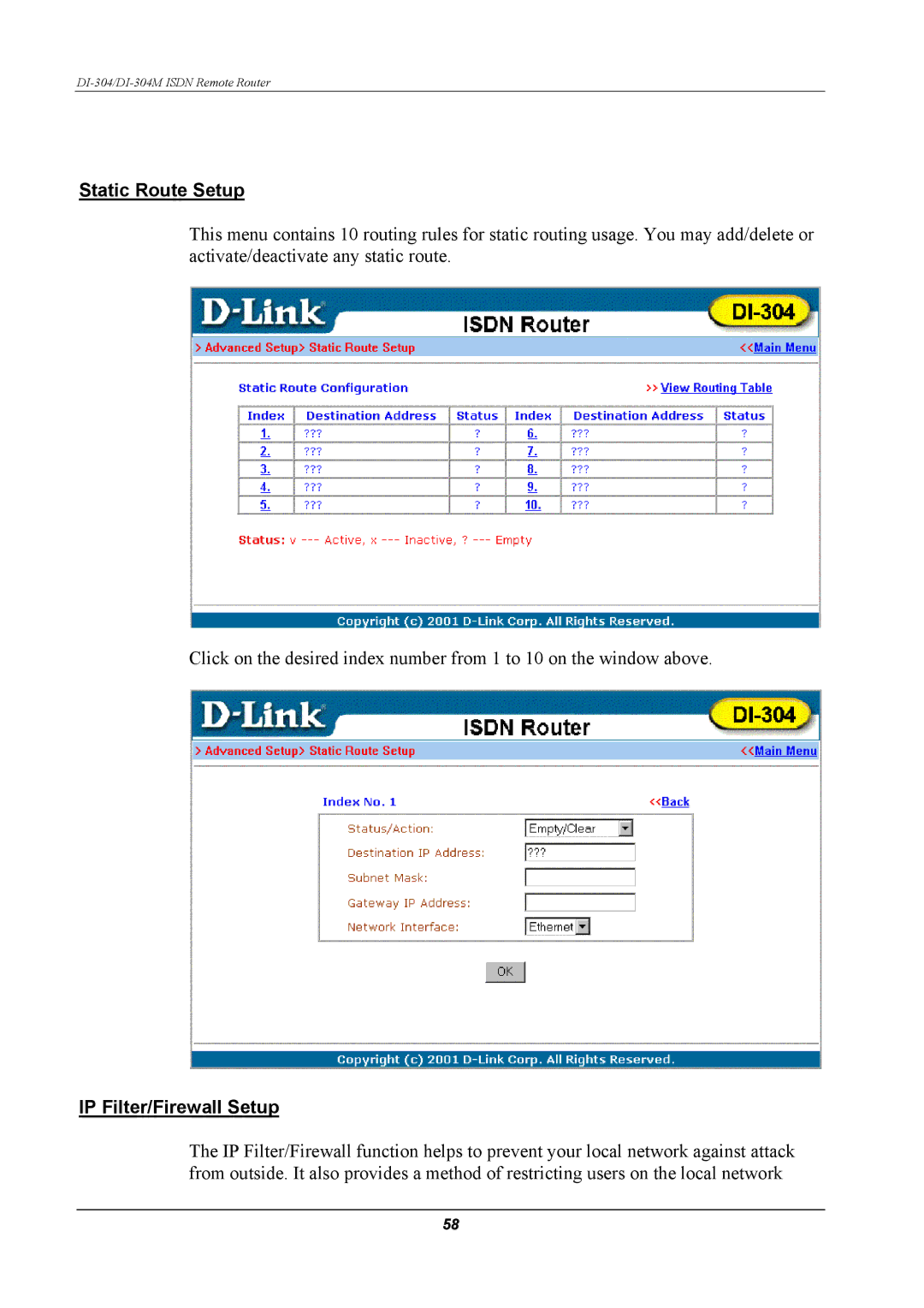 D-Link DI-304M manual Static Route Setup, IP Filter/Firewall Setup 