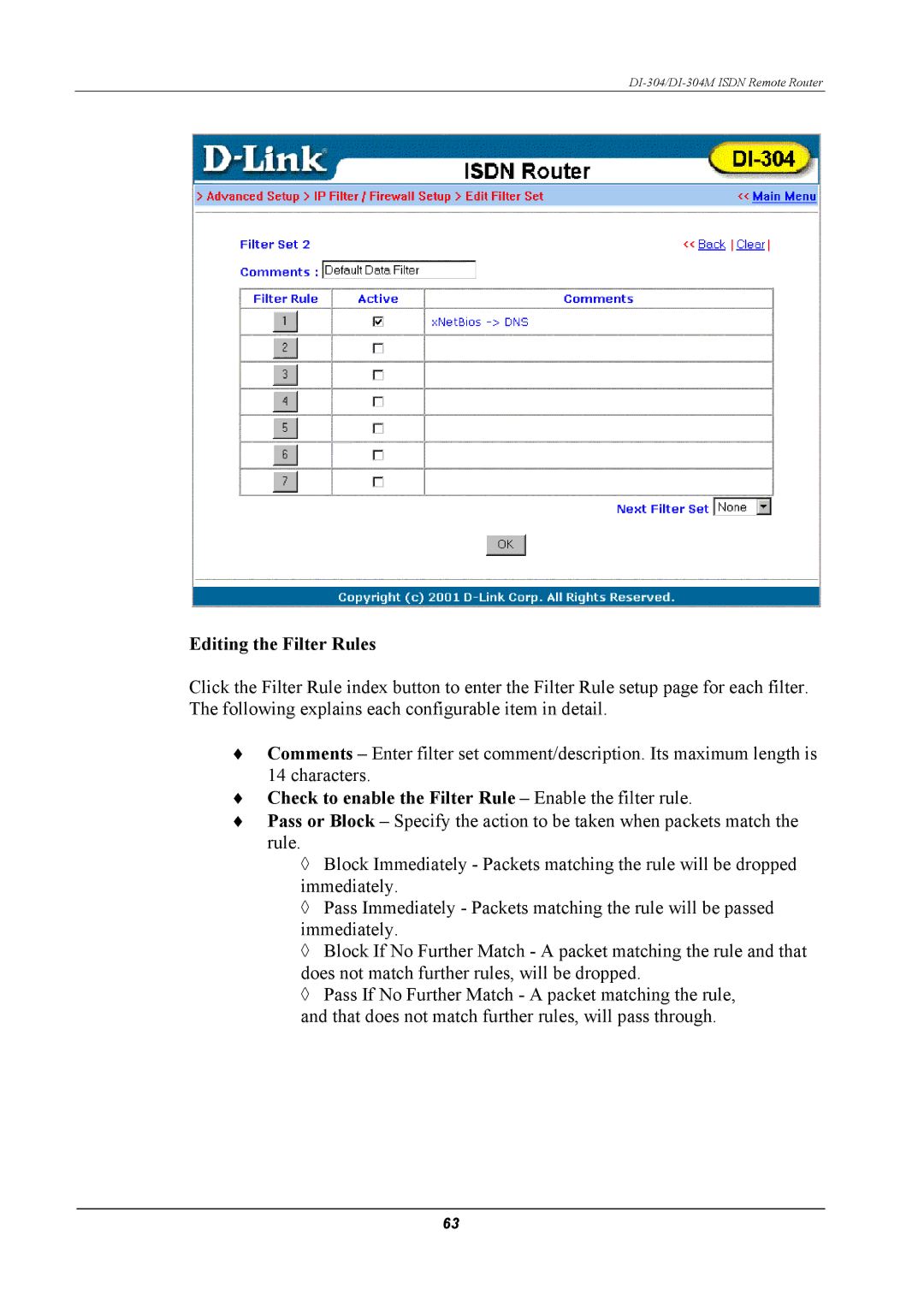 D-Link DI-304M manual Editing the Filter Rules, Check to enable the Filter Rule Enable the filter rule 