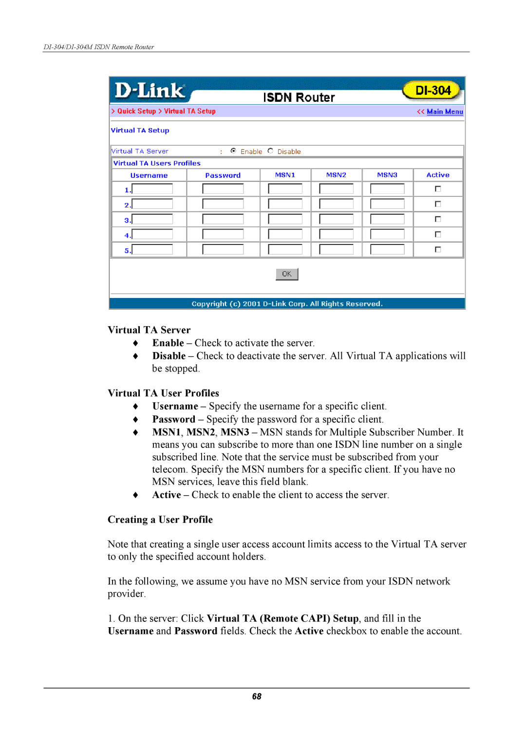 D-Link DI-304M manual Virtual TA Server, Virtual TA User Profiles, Creating a User Profile 