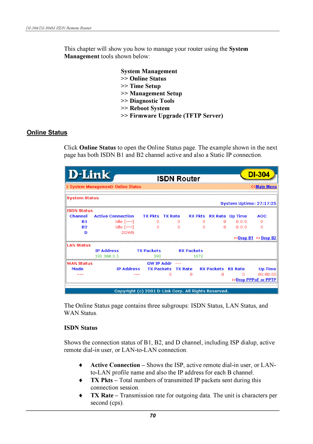 D-Link DI-304M manual Online Status, Isdn Status 