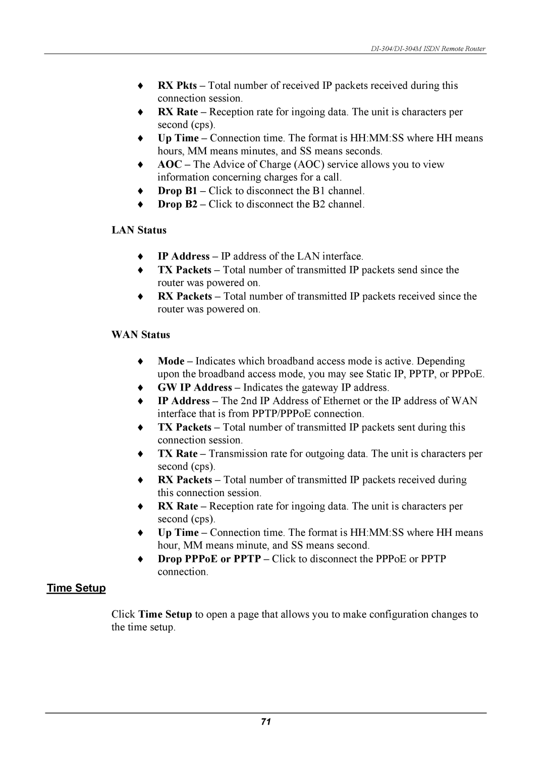 D-Link DI-304M manual LAN Status, WAN Status, Time Setup 