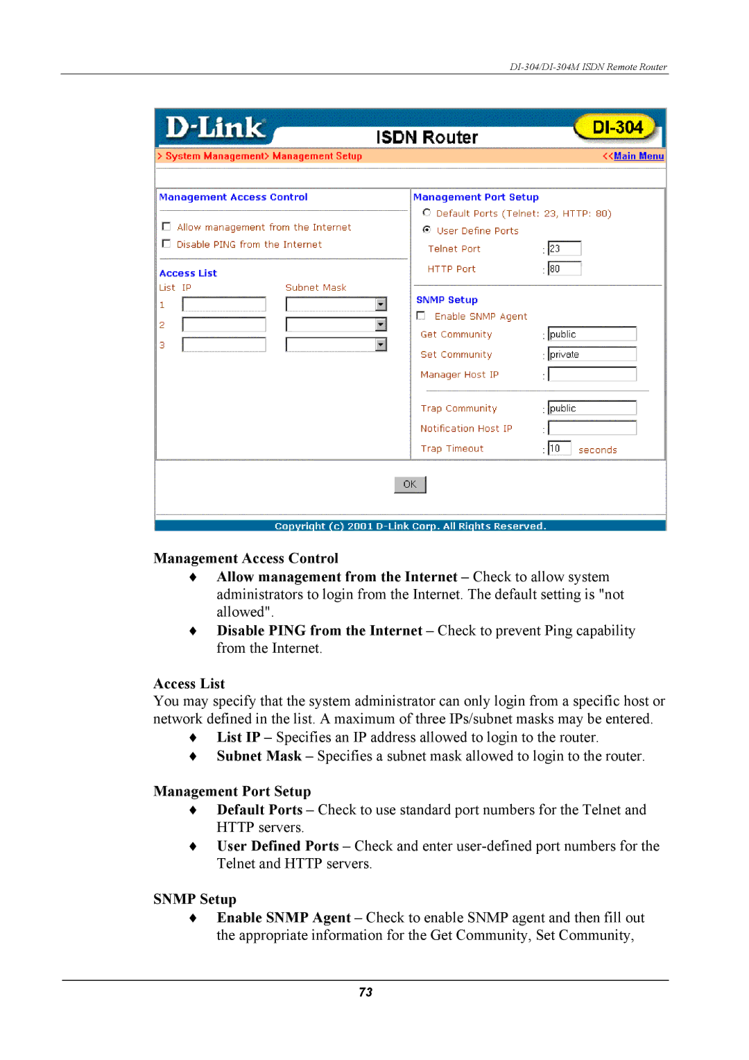 D-Link DI-304M manual Management Port Setup, Snmp Setup 