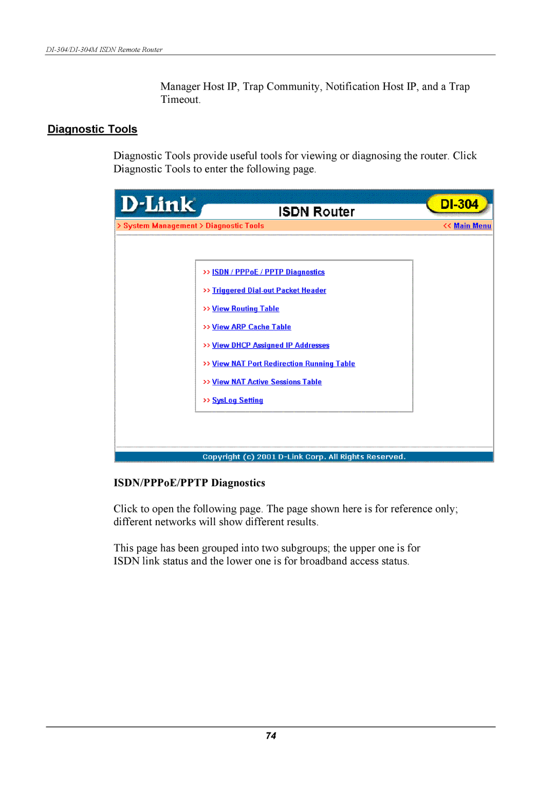 D-Link DI-304M manual Diagnostic Tools, ISDN/PPPoE/PPTP Diagnostics 