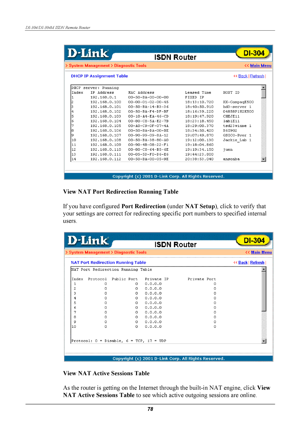 D-Link DI-304M manual View NAT Port Redirection Running Table, View NAT Active Sessions Table 