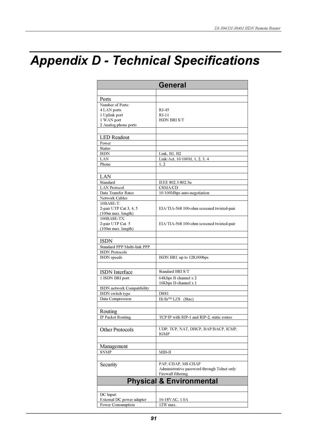 D-Link DI-304M manual Appendix D Technical Specifications, General 