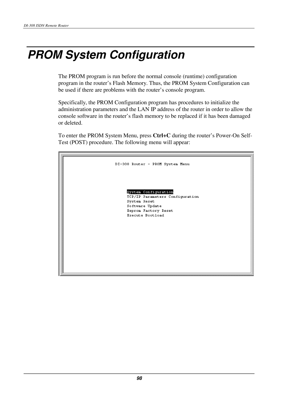 D-Link DI-308 manual Prom System Configuration 