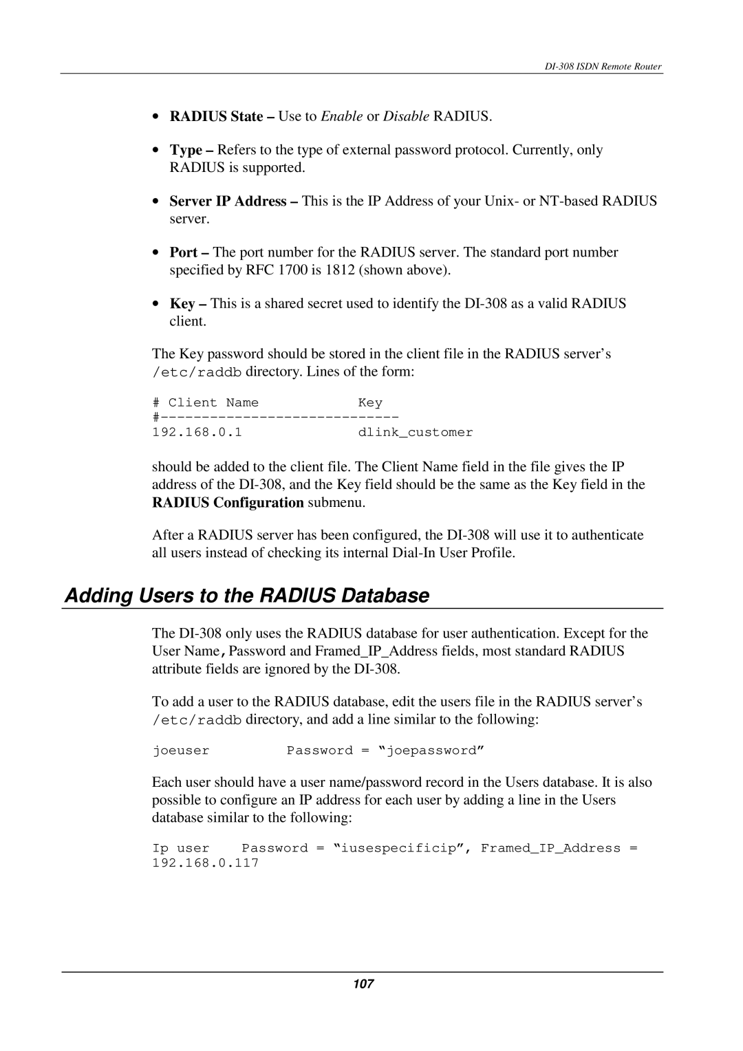 D-Link DI-308 manual Adding Users to the Radius Database 