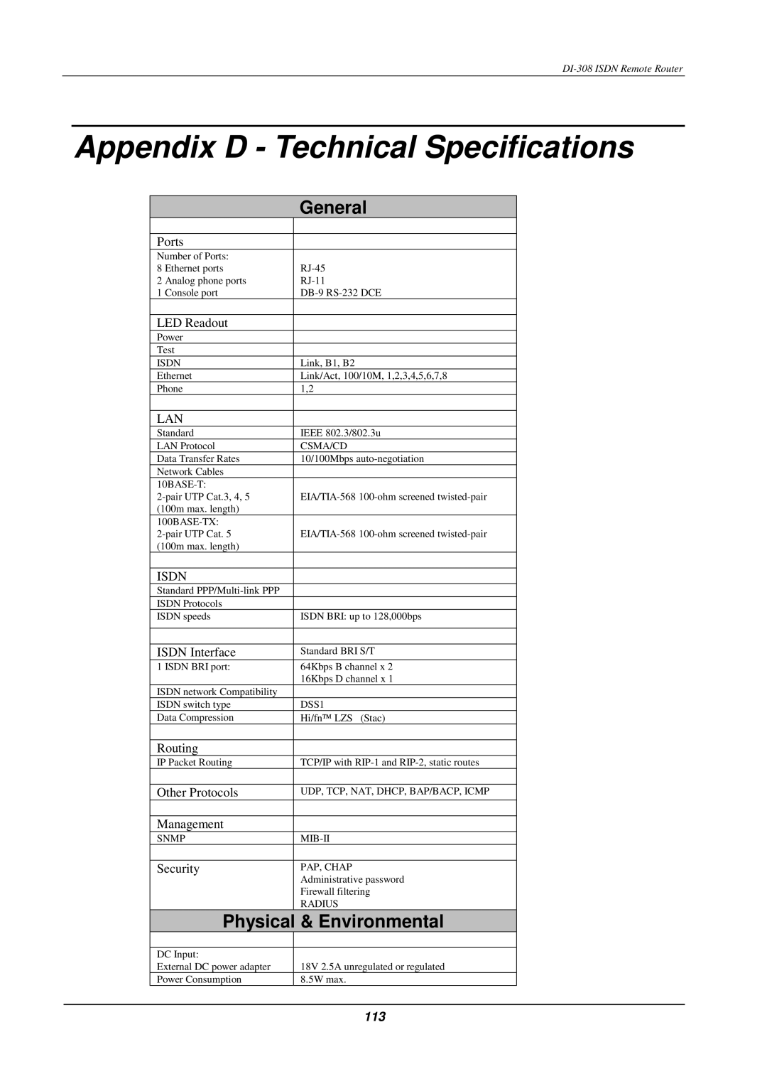 D-Link DI-308 manual Appendix D Technical Specifications, General 