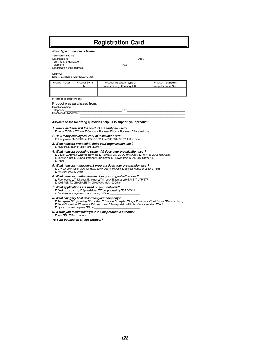 D-Link DI-308 manual Registration Card 