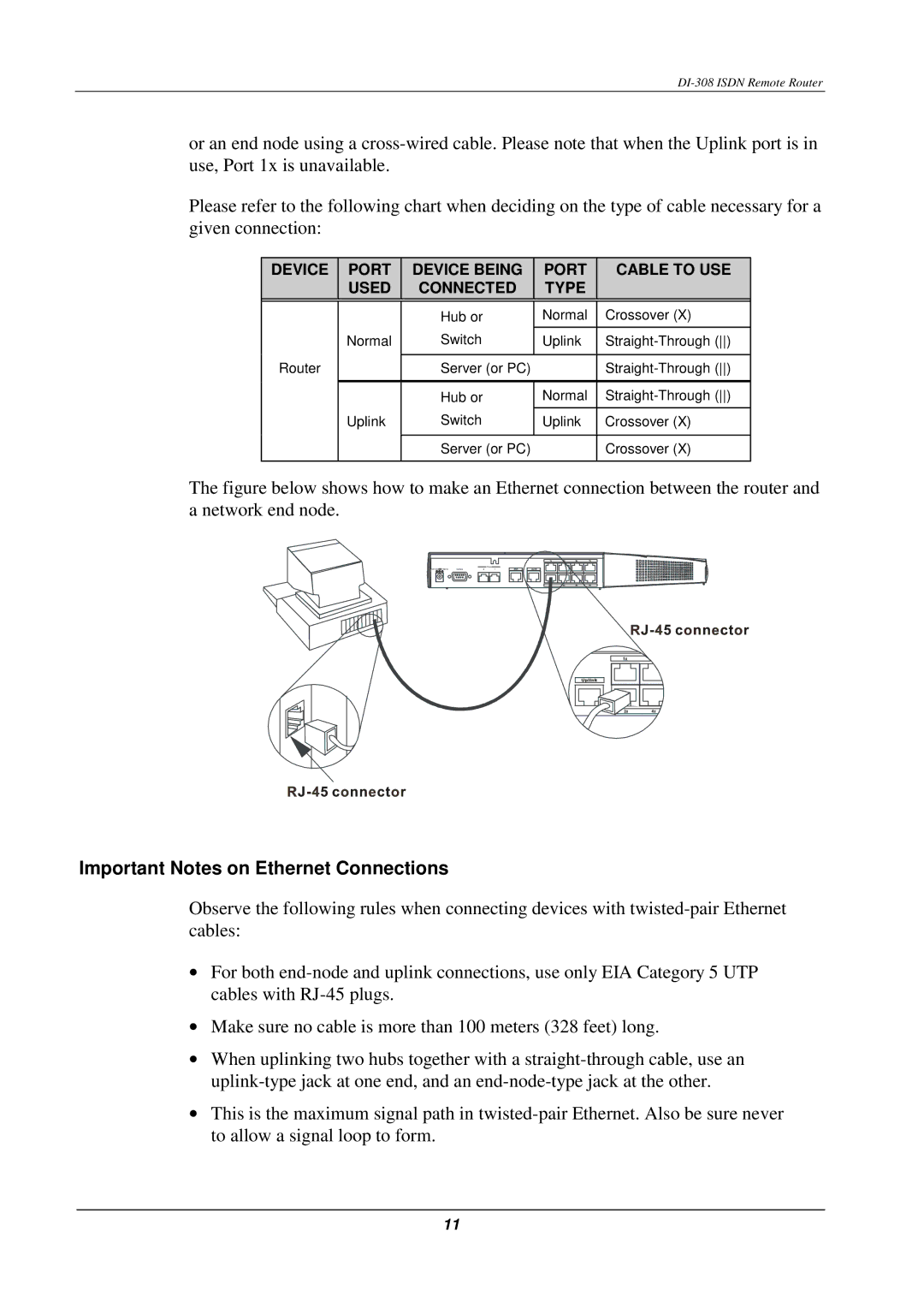 D-Link DI-308 manual Important Notes on Ethernet Connections, Device Port Device Being Cable to USE Used Connected Type 