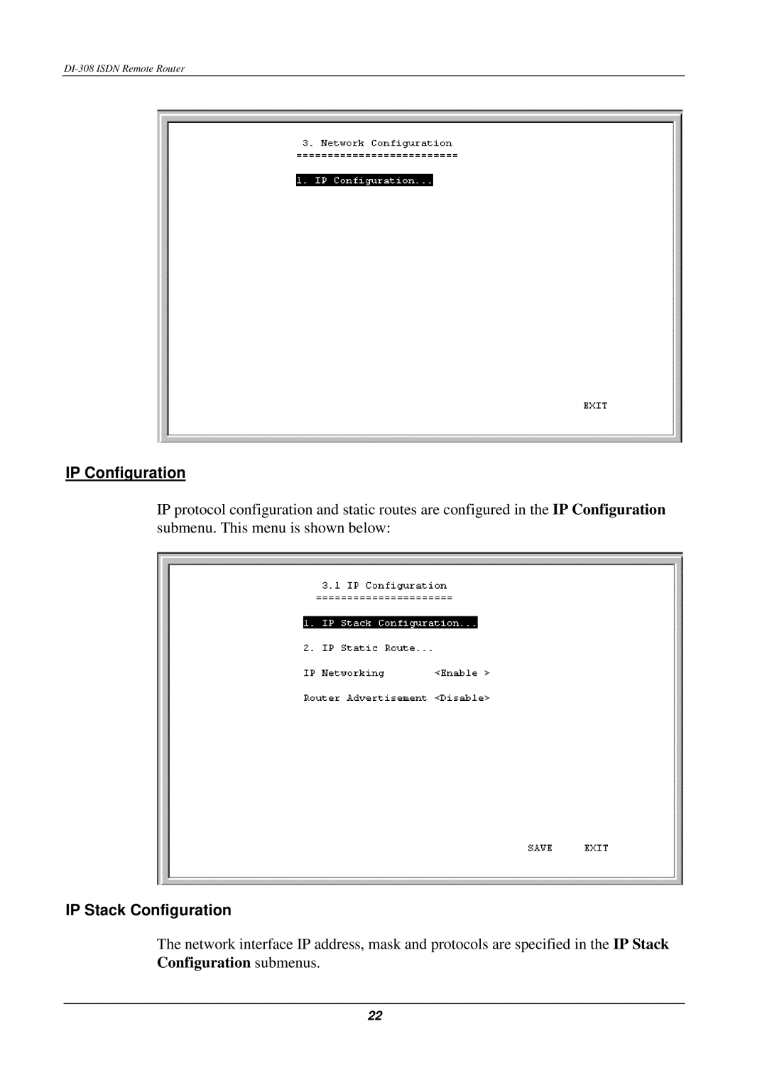 D-Link DI-308 manual IP Configuration, IP Stack Configuration 