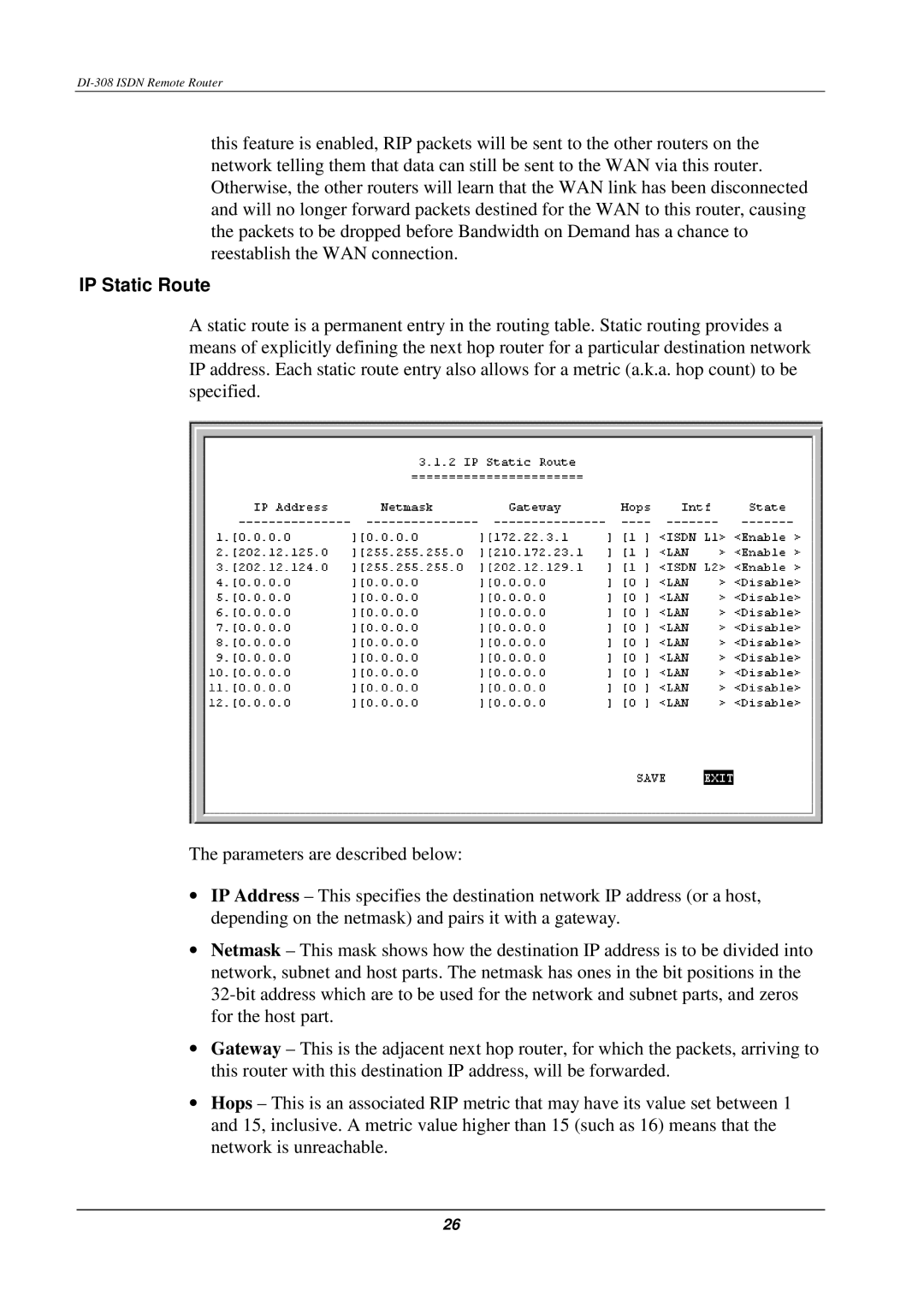 D-Link DI-308 manual IP Static Route 