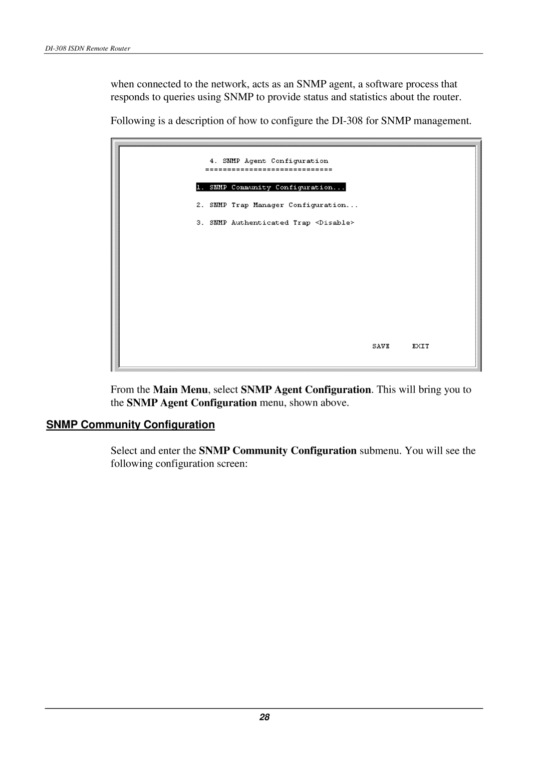 D-Link DI-308 manual Snmp Community Configuration 