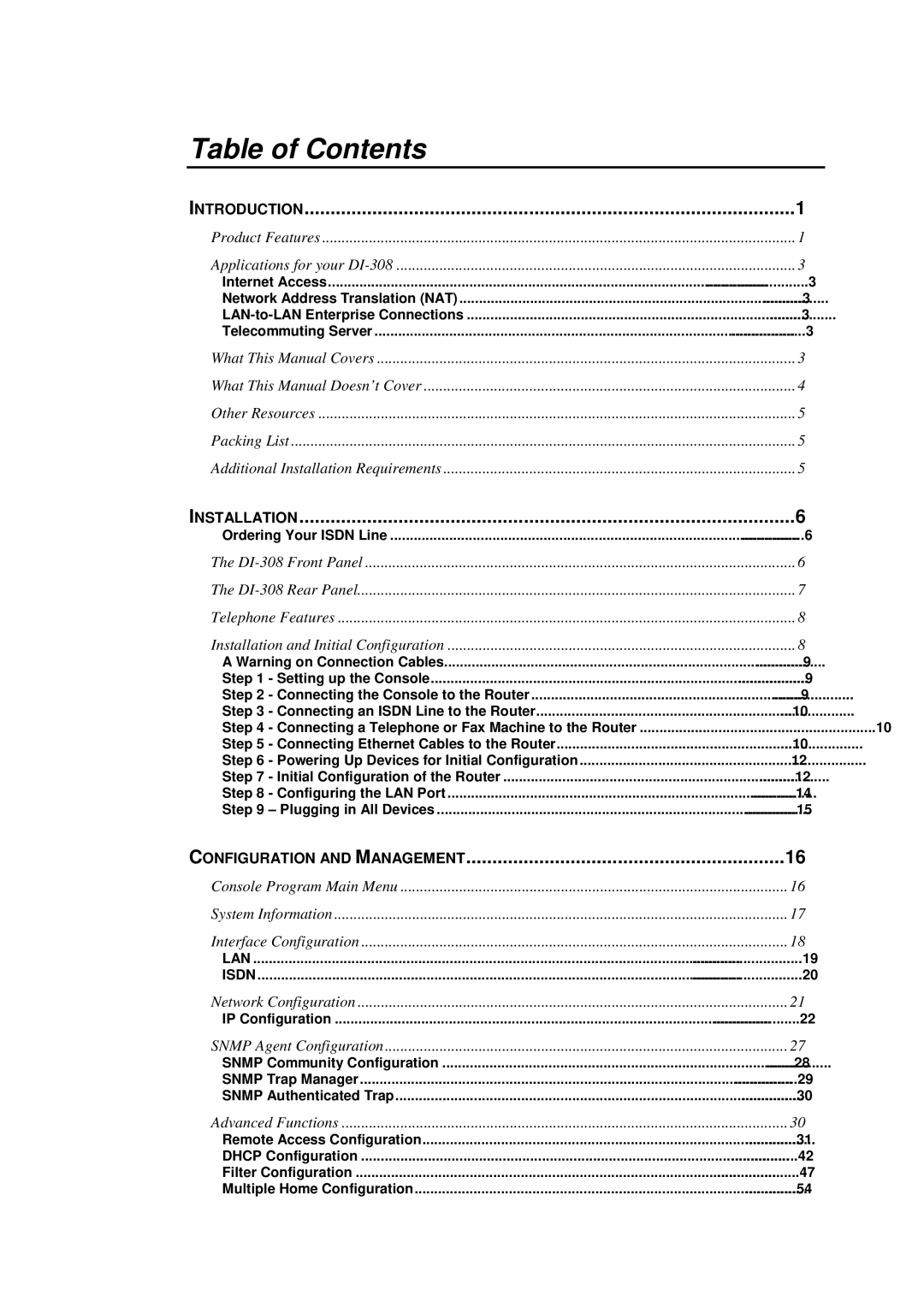 D-Link DI-308 manual Table of Contents 