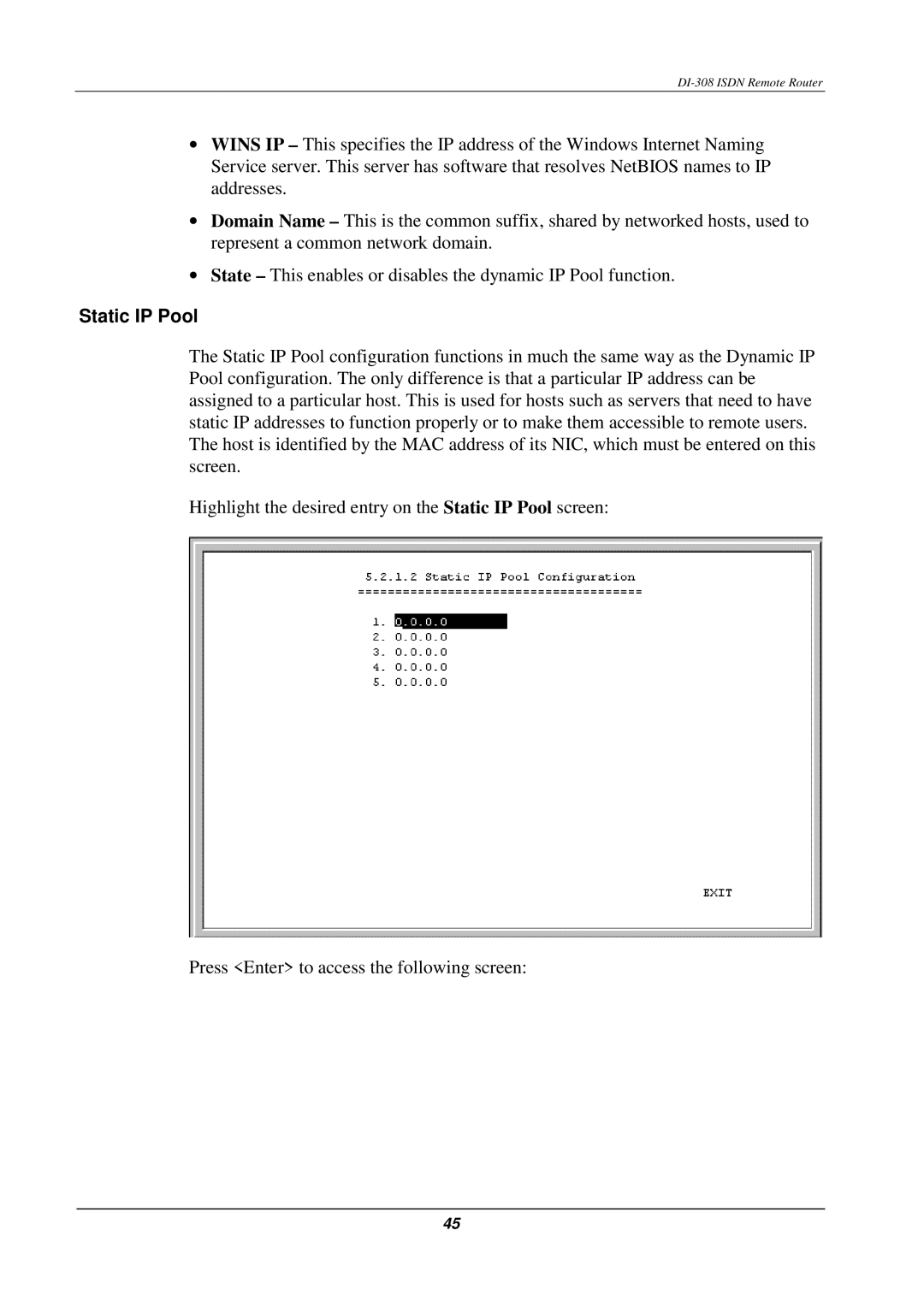 D-Link DI-308 manual Static IP Pool 