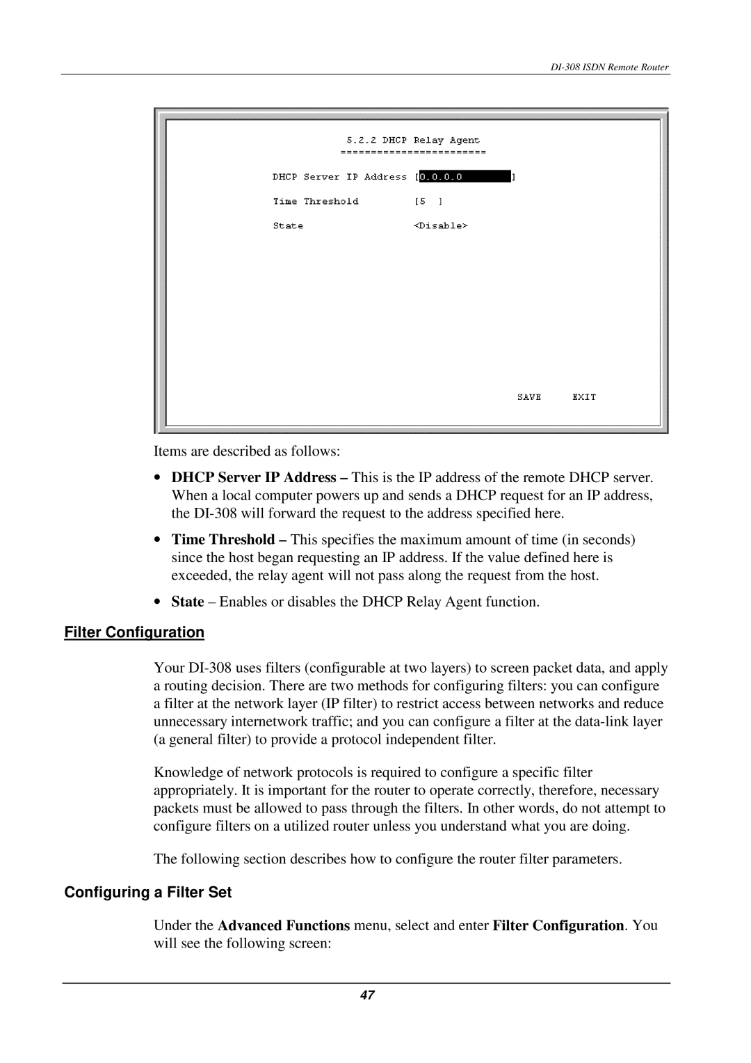 D-Link DI-308 manual Filter Configuration, Configuring a Filter Set 