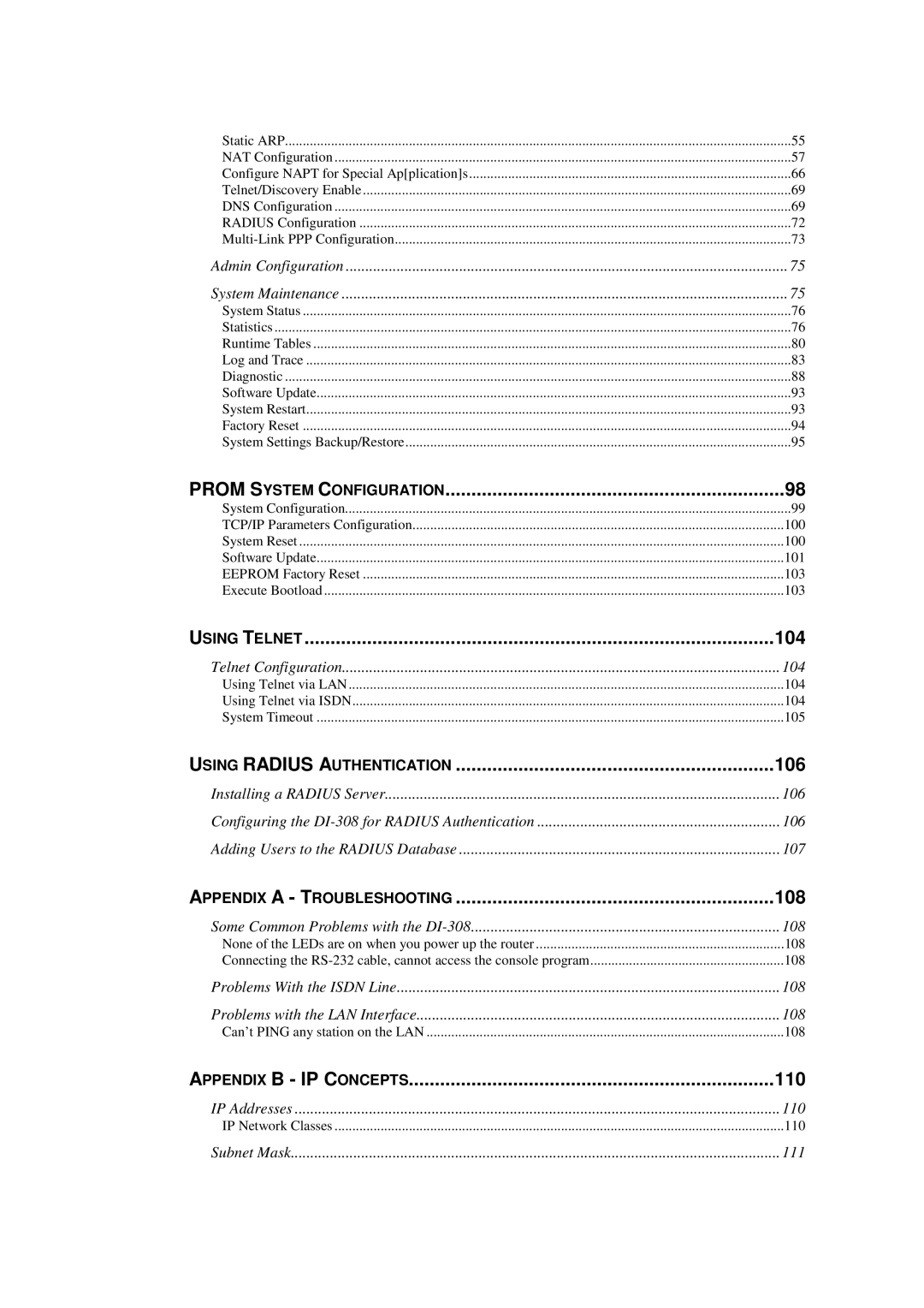 D-Link DI-308 manual 104, 106, 108, 110 